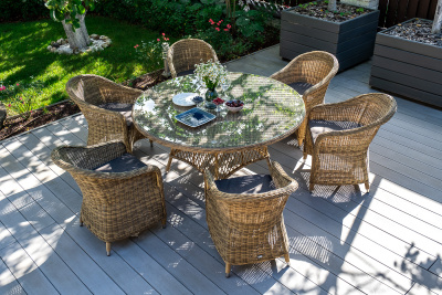 "Равенна" плетеное кресло из искусственного ротанга, цвет соломенный с серо-коричневой подушкой