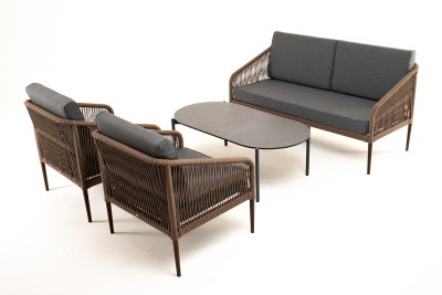 "Канны" лаунж-зона 4-местная из роупа со столом "Верона" (серый гранит), каркас алюминиевый коричневый, роуп коричневый